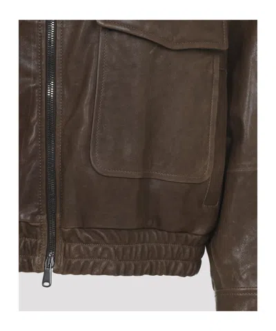 Brunello Cucinelli Leather Bomber Jacket Point Collar Hem In Brown