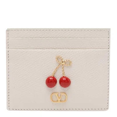 Valentino Cherry Motif Leather Cardholder Textured In White