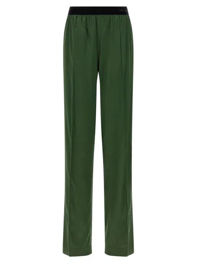 Tom Ford Green Pants With Elastic Waist With Logo Lettering In Silk Stretch Woman In Green