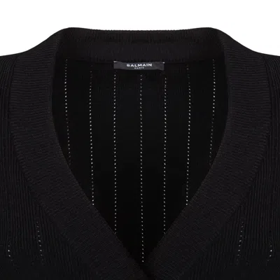 Balmain Black Fitted Cardigan With V Neckline And Jewel Buttons In Knit