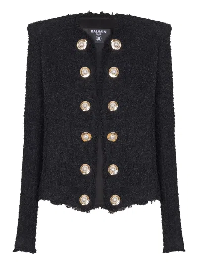 Balmain Edge-to-edge Silky Tweed Jacket In Black