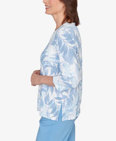 Alfred Dunner Petite St. Augustine Monotone Leaf Print Split Neck Top In Blue