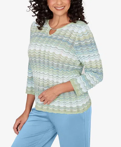 Alfred Dunner Petite St. Augustine Textured Space Dye Split Neck Sweater In Green