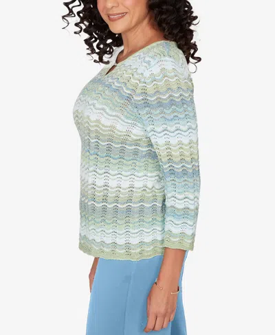 Alfred Dunner Petite St. Augustine Textured Space Dye Split Neck Sweater In Green