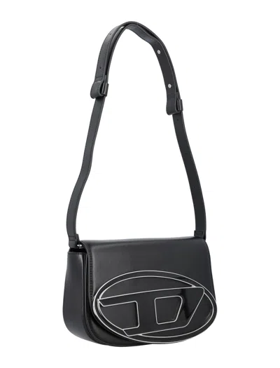 Diesel 1dr Black Shoulder Bag With Oval D Patch In Leather Woman In Red