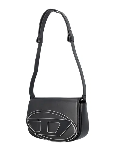 Diesel 1dr Black Shoulder Bag With Oval D Patch In Leather Woman In Red