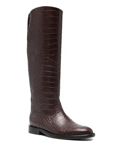 Paris Texas Boots In Rouge Noir Croco-embossed Leather In Brown