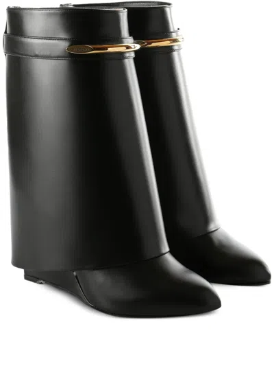 Givenchy Women Black Ankle Boots With Wedge Heels And Logo Plaque On The Side In Leather Woman In Black