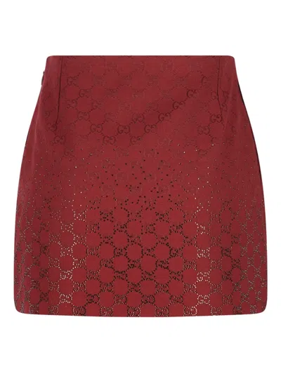 Gucci Rosso Ancora Gg-fabric Mini Skirt With Crystals In Red