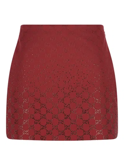 Gucci Rosso Ancora Gg-fabric Mini Skirt With Crystals In Red