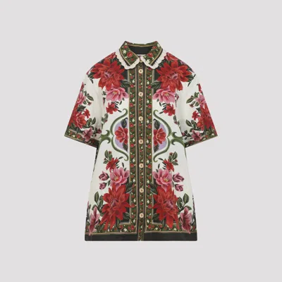 Farm Rio Wonder Multicolor Shirt With Lace Embroidered Classic Collar And All-over Floral Motif In Linen Blen