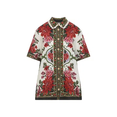 Farm Rio Wonder Multicolor Shirt With Lace Embroidered Classic Collar And All-over Floral Motif In Linen Blen