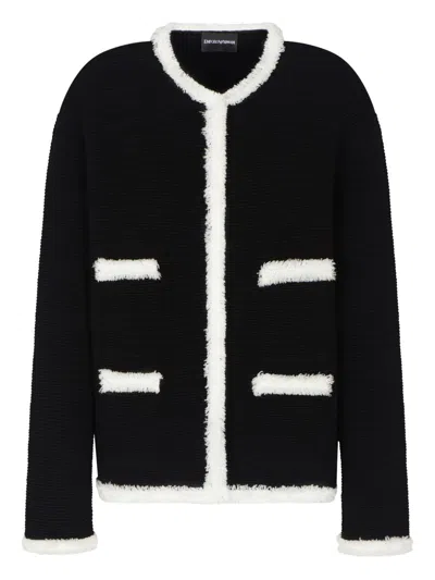 Emporio Armani Ottoman Fabric Jacket With Fringe Trims In Black