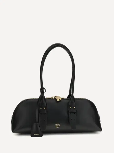 Pinko Bowling Bag Horizontal Black Handbag With Adjustable And Removable Shoulder Strap And Padlock Detail