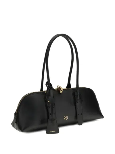 Pinko Bowling Bag Horizontal Black Handbag With Adjustable And Removable Shoulder Strap And Padlock Detail
