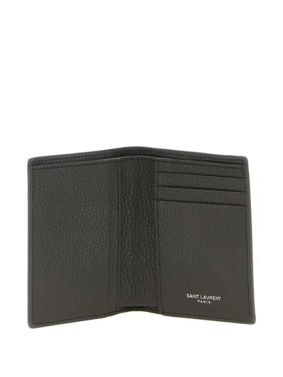Saint Laurent Tiny Cassandre Credit Card Wallet In Grained Leather In Brown