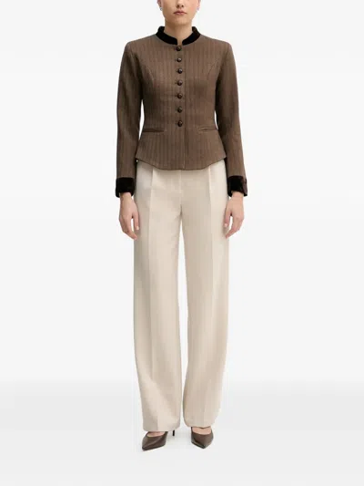 Hoss Intropia Herringbone-pattern Buttoned Shirt In Brown