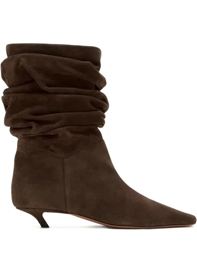 Amina Muaddi Pointed Toe Kitten Heel Slouchy Suede Boots In Brown