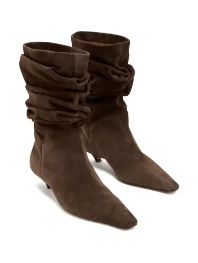 Amina Muaddi Pointed Toe Kitten Heel Slouchy Suede Boots In Brown