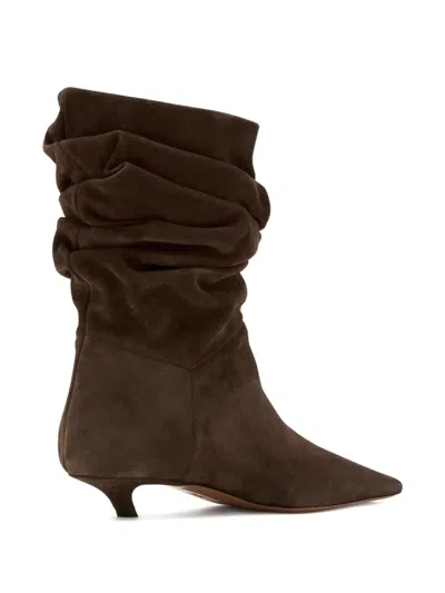 Amina Muaddi Pointed Toe Kitten Heel Slouchy Suede Boots In Brown