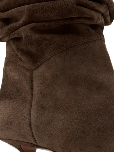 Amina Muaddi Pointed Toe Kitten Heel Slouchy Suede Boots In Brown