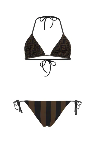 Fendi Women Brown Reversible Bikini With Adjustable Tie Closure And All-over Stripe Motif In Tech Fa In Brown