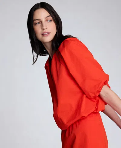 Kenneth Cole Poplin Cropped Elastic Hem Shirt With Short Puff Sleeves