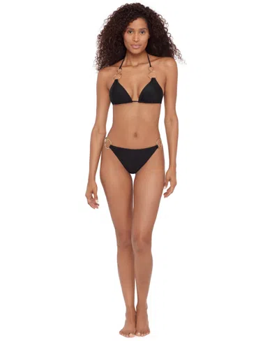 Steve Madden Womens Triangle Double Rings V Neck Top Strap Side Bikini Bottoms In Black