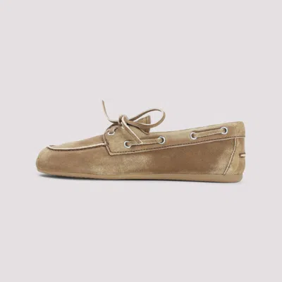 Miu Miu Camel Suede Loafers In Brown