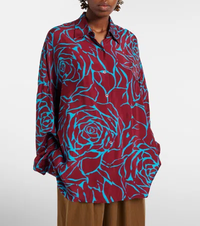 Dries Van Noten Printed Oversized Satin Shirt In Brown