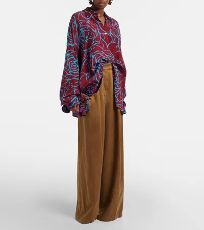 Dries Van Noten Printed Oversized Satin Shirt In Brown