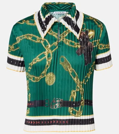 Acne Studios Syndia Pleated Printed Twill Polo Shirt In Green