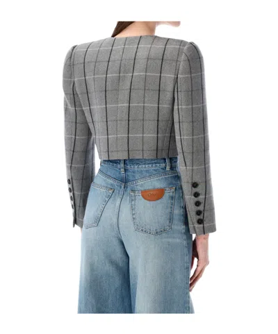 Chloé Virgin Wool Checked Double-breasted Cropped Jacket In Gray