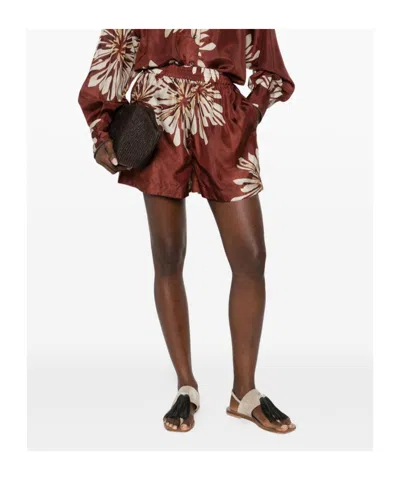 Brunello Cucinelli Women Silk Twill Shorts With Floral Print And Elasticated Waistband In Brown