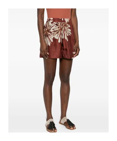 Brunello Cucinelli Women Silk Twill Shorts With Floral Print And Elasticated Waistband In Brown