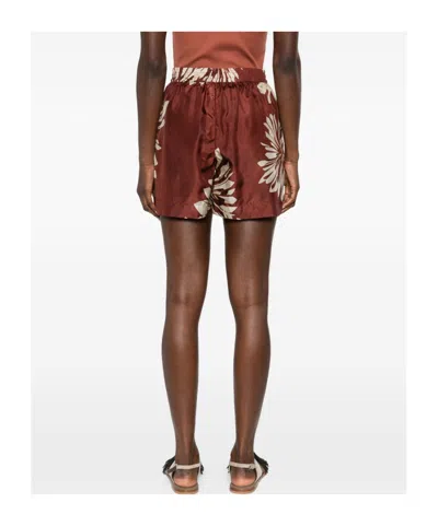 Brunello Cucinelli Women Silk Twill Shorts With Floral Print And Elasticated Waistband In Brown