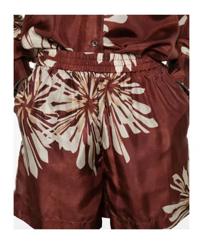 Brunello Cucinelli Women Silk Twill Shorts With Floral Print And Elasticated Waistband In Brown
