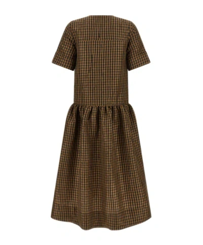 Ganni Crinckled Taffeta Checkered Dress Gathered Waist In Brown