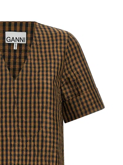 Ganni Crinckled Taffeta Checkered Dress Gathered Waist In Brown