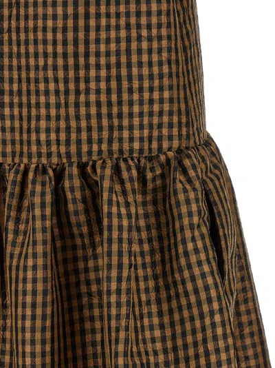 Ganni Crinckled Taffeta Checkered Dress Gathered Waist In Brown