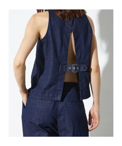Maxco. Slit Denim Top In Blue