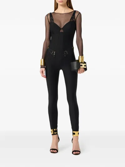 Elisabetta Franchi Jersey And Tulle Jumpsuit With Elastic Straps In Animal Print