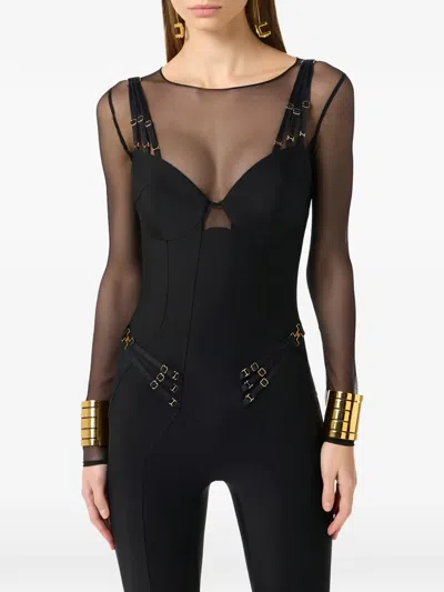 Elisabetta Franchi Jersey And Tulle Jumpsuit With Elastic Straps In Animal Print