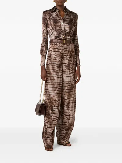 Elisabetta Franchi Shirt In Satin Fabric With Alligator Print In Brown