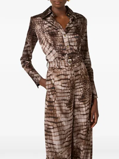 Elisabetta Franchi Shirt In Satin Fabric With Alligator Print In Brown