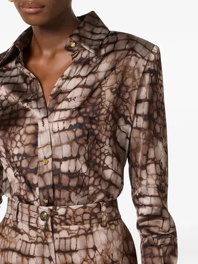 Elisabetta Franchi Shirt In Satin Fabric With Alligator Print In Brown