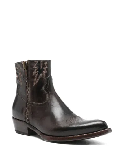 Damy Leather Ankle Boot With Embroidery In Brown