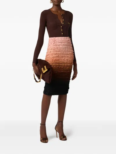Elisabetta Franchi Micro-braided Buttoned Cardigan In Brown