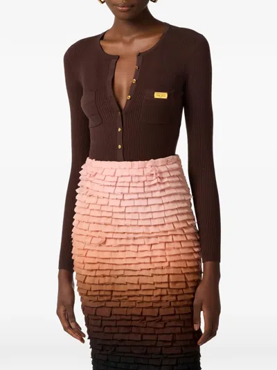 Elisabetta Franchi Micro-braided Buttoned Cardigan In Brown