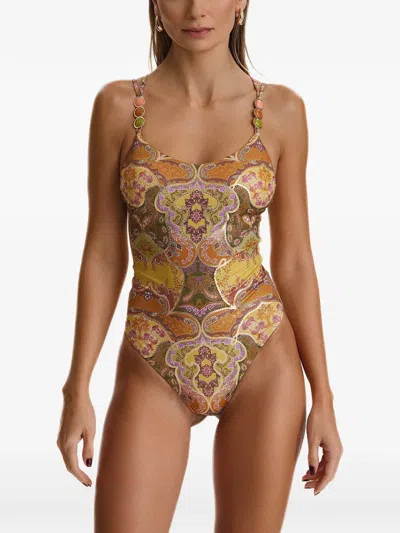 Sofia Erhan Aurelia Beaded Printed Swimsuit In Neutral